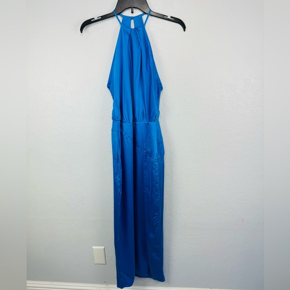 Michelle Mason Blue Silk Satin Halter Dress Slit Open Back - Picture 4 of 10